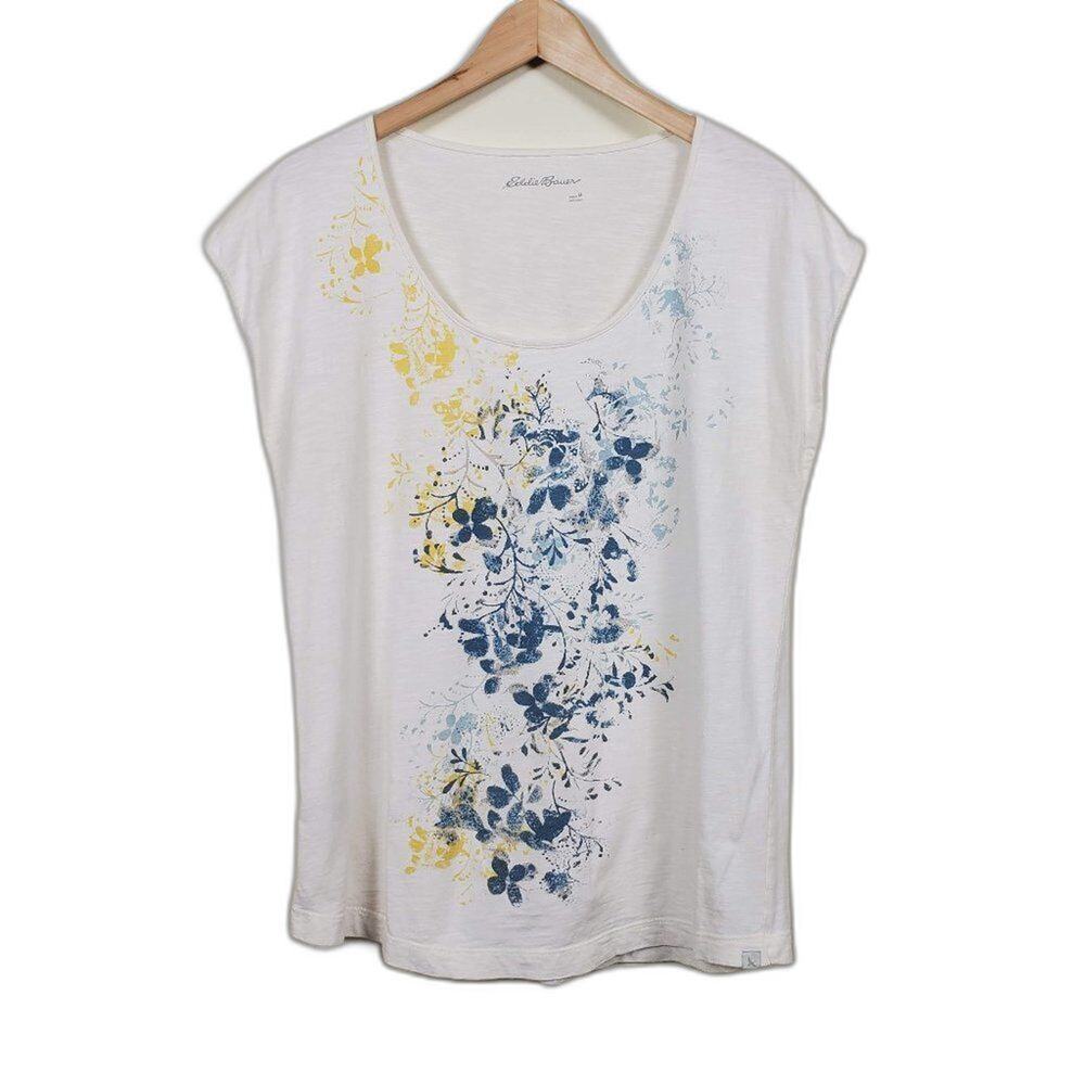Eddie Bauer Floral Print Top Womens Size M Cream Blue Yellow Cotton Short Sleeve